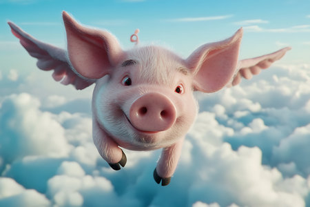 Funny pig flying in the blue sky above clouds. 3D renderingの素材