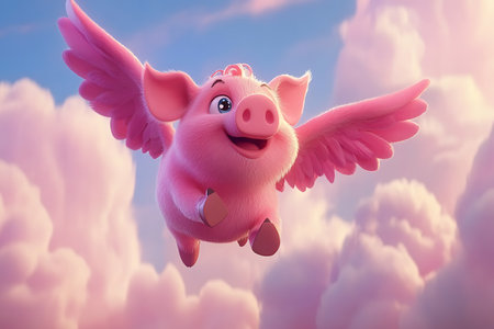 Cute pink pig flying in the sky. 3D illustration.の素材