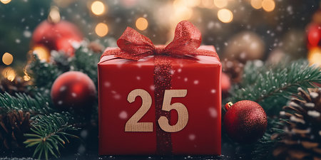 Red gift box with number 25 and christmas decoration on bokeh backgroundの素材