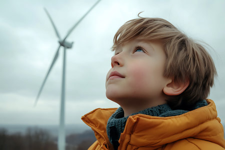 Portrait of a boy in a yellow jacket on the background of wind turbinesの素材