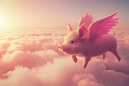 3d rendering of a flying piggy on a background of cloudsの素材