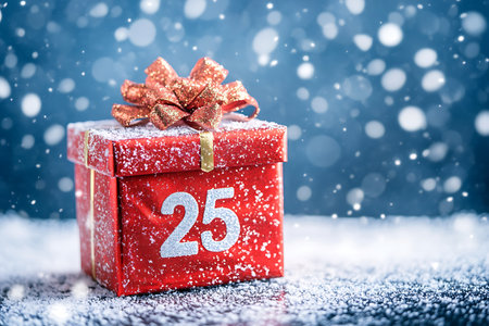 Red gift box with red bow and snow on bokeh backgroundの素材