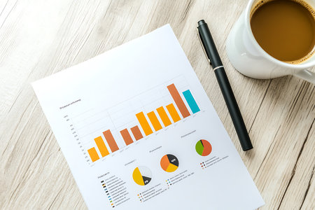 Image of business workplace with financial reports and a cup of coffee.の素材