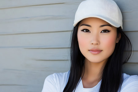 Portrait of a beautiful asian woman with white cap and white t-shirtの素材