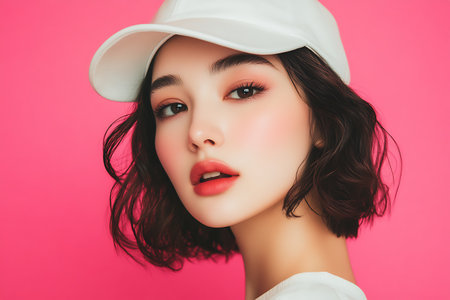 Portrait of a beautiful girl in a white baseball cap on a pink backgroundの素材