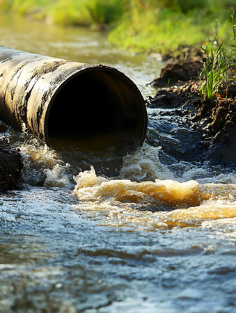 Sewage pipes in the river. Wastewater, environmental pollutionの素材