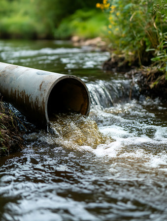 Drainage pipe on the bank of a mountain river. Selective focus.の素材
