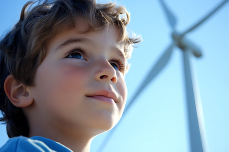 Portrait of a little boy looking at wind turbine against blue skyの素材