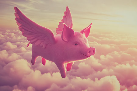 Flying pink piggy bank with wings on a background of clouds.の素材