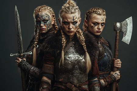 Three viking warriors in armor with swords and axes. Studio shot.の素材