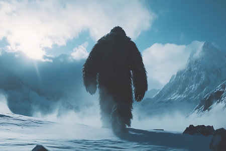 Fantasy landscape with a man in a fur coat on the background of snow mountainsの素材