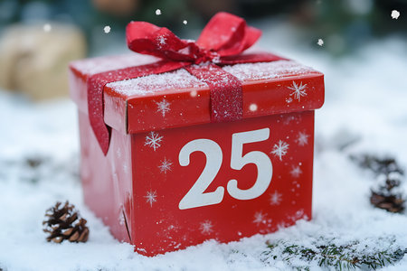 Red gift box with number 25 in the snow. Christmas background.の素材