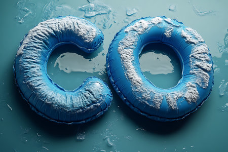 Blue inflatable rings with water drops on blue background. 3d renderingの素材