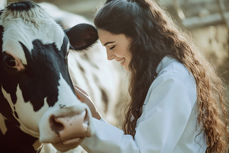 Beautiful young woman veterinarian in a white coat and with a black cow.の素材