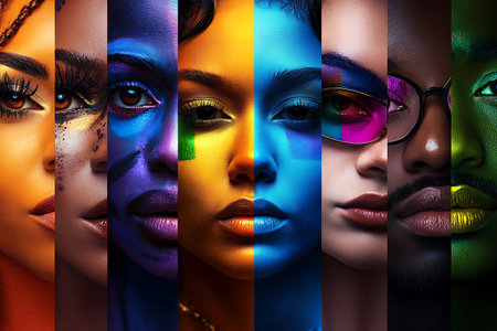 Fashion collage of beautiful multicolored women with creative make-upの素材