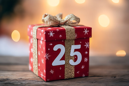Gift box with number 25 on bokeh light background.の素材
