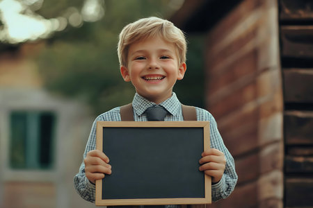 Portrait of a smiling schoolboy holding a blackboard in his hands.の素材