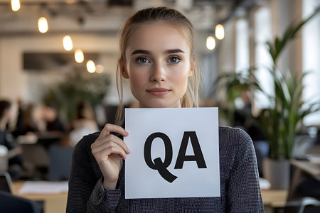portrait of young businesswoman holding q&a sign in cafeの素材