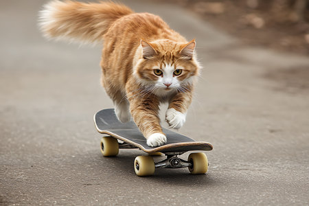 ginger cat with longboard on the street, looking at cameraの素材