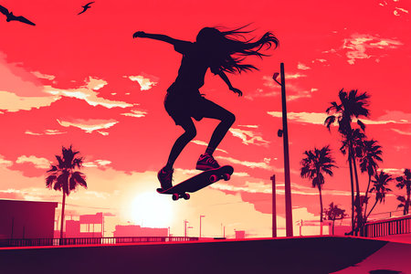 Silhouette of a girl riding a skateboard in the sunsetの素材