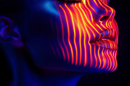 Fashion portrait of young beautiful woman with red and blue neon lights on her faceの素材