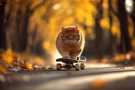 Beautiful ginger cat riding a skateboard in the autumn park.の素材