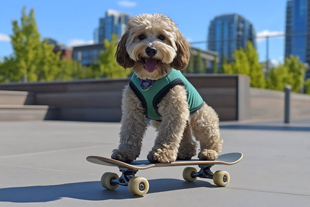 A miniature Poodle is riding a skateboard in the city.の素材