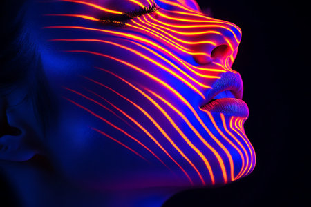 Neon portrait of a beautiful woman with glowing skin. 3d renderingの素材