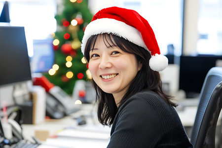 asian businesswoman in santa hat sitting at desk in officeの素材