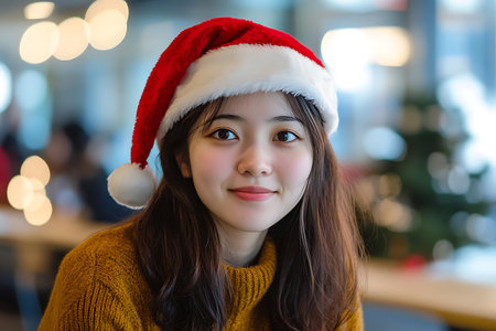 Portrait of beautiful young asian woman in christmas hat.の素材