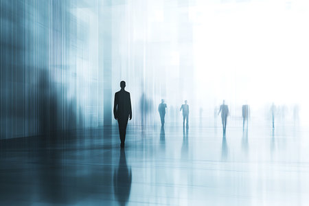 Businessman walking in the city. 3d rendering. double exposureの素材