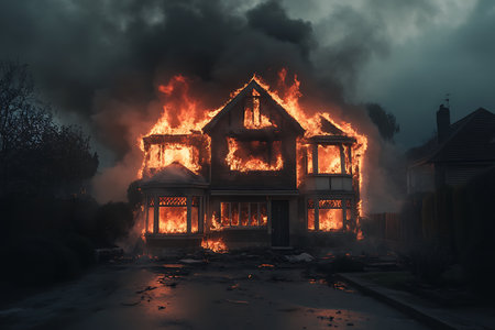 Burning house. Fire in the house. Fire in the house.の素材