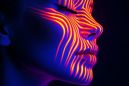 3d rendering of a female face with neon lights on her faceの素材