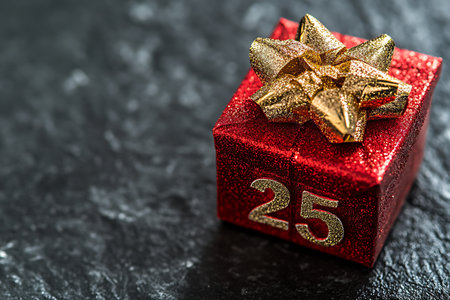 Red gift box with golden bow on dark background with copy space.の素材