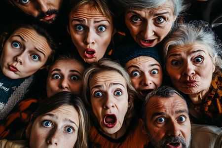 Top view of group of people with surprised faces looking at camera.の素材