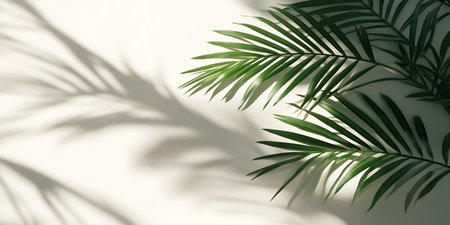 Palm leaves shadow on white wall background. 3d rendering.の素材