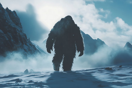 Foggy mountain landscape with a big black dog. 3d renderingの素材