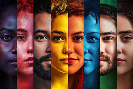 Portraits of multiethnic group of people combined into a collageの素材