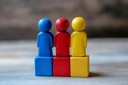 Wooden toy people on wooden background. Teamwork and business conceptの素材