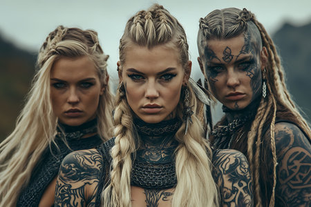 Three beautiful girls with dreadlocks in the mountains. Halloween theme.の素材
