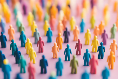 group of colorful plastic people figures on pink background, social distancing conceptの素材