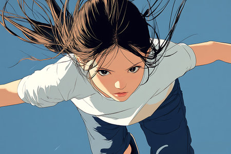 Beautiful young woman with flying hair in the wind. Vector illustration.の素材
