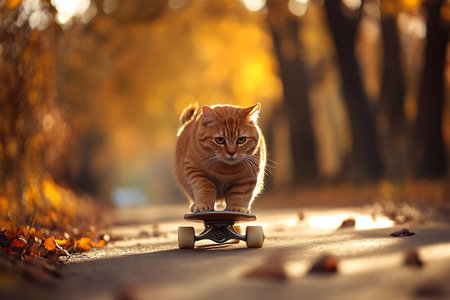 Cute ginger cat riding a skateboard in the autumn park.の素材