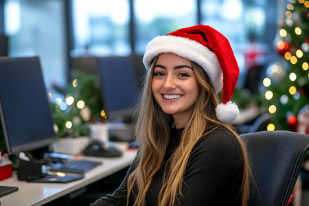 Beautiful young woman in Santa hat sitting at her desk in officeの素材