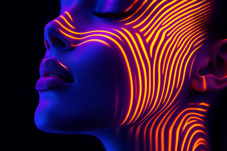 3d rendering of a female face with neon light in the backgroundの素材