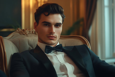 Handsome young man in suit and bow tie sitting in armchairの素材
