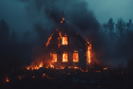 Burning house in the forest. Burning house in the woods.の素材
