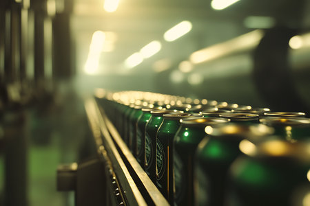 Beer cans on conveyor belt in brewery factory. Industrial background.の素材