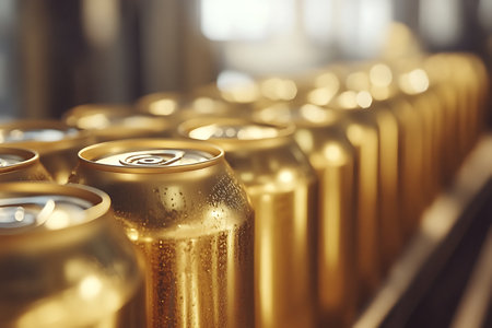 Close-up of golden soda cans in a row. Selective focus.の素材