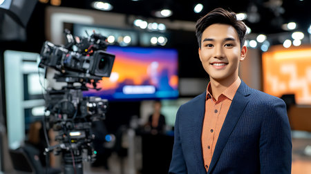 portrait of young asian cameraman with professional camera in studioの素材